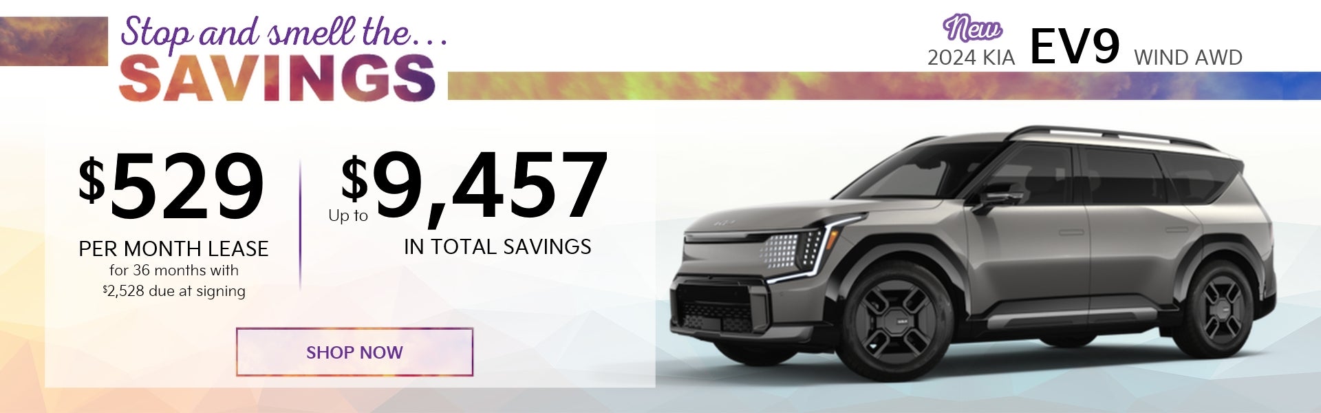 Stop and smell the savings on a new 2024 Kia EV9 Wind AWD!